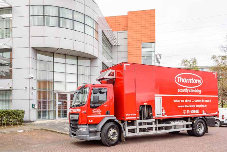 Thorntons Security Shredding Truck outside office building